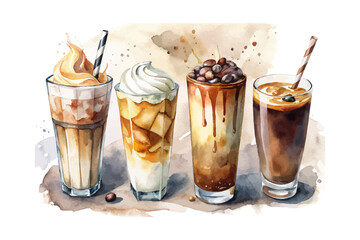set of watercolor iced coffee latte vector illustration isolated on white background