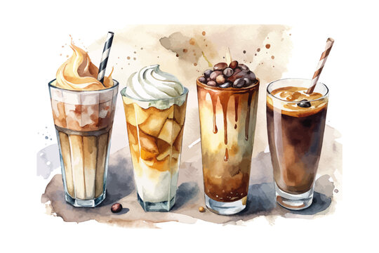 set of watercolor iced coffee latte vector illustration isolated on white background