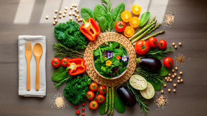Colorful salad arrangement with vegetables and utensils on wooden surface. Fresh food.