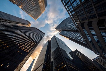 Soaring skyscrapers reflect golden hour light, capturing the dynamic energy of a modern cityscape from a unique low-angle perspective.