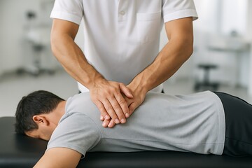 chiropractor giving a spinal adjustment therapy to a man lying on a treatment table in a healthcare center, chiropractor health therapies treatment