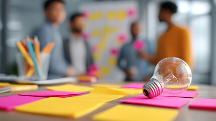 Diverse team collaborating on a project with sticky notes and a lightbulb