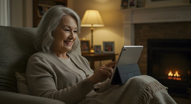 Smiling senior woman using a tablet in a cozy living room by a fireplace.