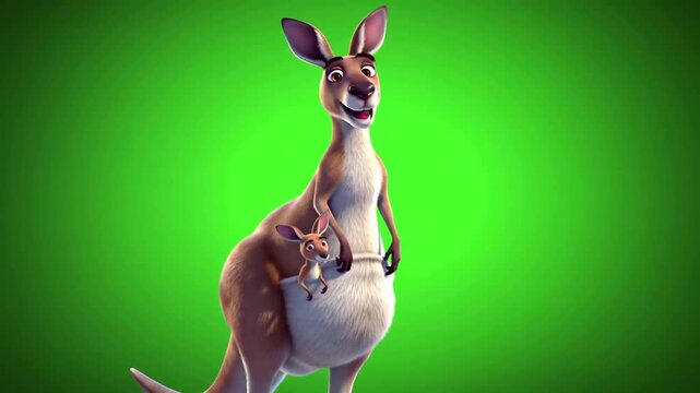 Animated kangaroo standing proudly with its joey, set against a vibrant green background