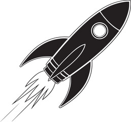 A simple black silhouette of a retro rocket ship launching upwards with fiery exhaust trails against a plain white background silhouette