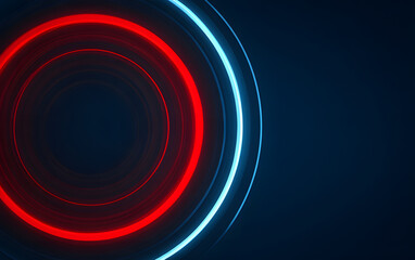 Abstract image featuring concentric circles of red and blue neon light against a dark blue background, creating a futuristic or technological effect.