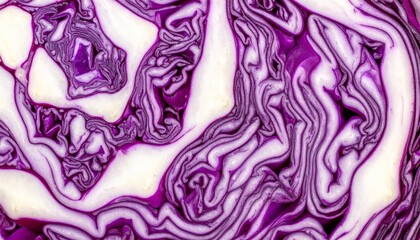 Obraz premium キャベツ 断面 紫 白 層 野菜 マクロ 有機的 曲線 渦巻き 自然 鮮やか 健康 食材 模様 植物 テクスチャ 複雑 生命 グラデーション