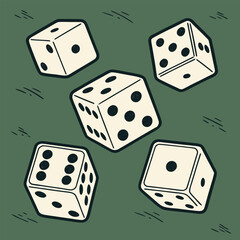 Scattered white dice with black dots on a green background are presented