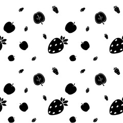 Unique black and white pattern featuring apples and strawberries on a simple background