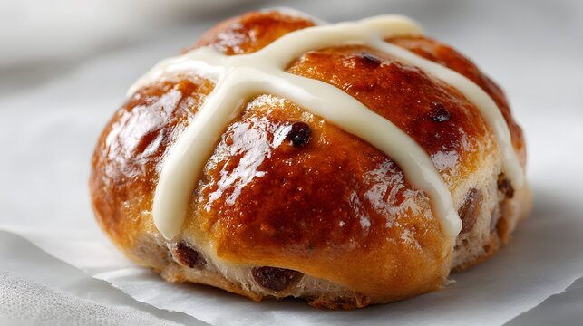 Close-up of single hot cross bun with icing cross.