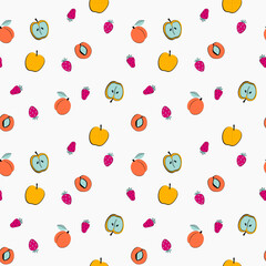 Colorful fruit pattern featuring apples, peaches, and strawberries on a white background