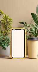 A minimalist, 3D rendering featuring a smartphone with a blank screen, nestled amongst potted plants and a coffee cup, set against a beige backdrop