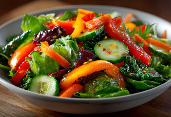 Vibrant mixed green salad with colorful bell peppers, cucumbers, and carrots, greens, peppers