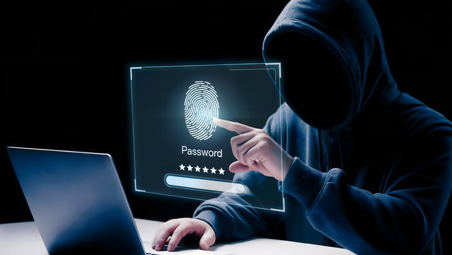 Hacker in hoodie using fingerprint scan on laptop for password security in dark environment setting