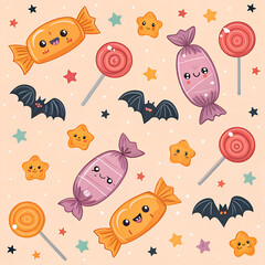 Naklejka premium Halloween candy pattern in kawaii style — wrapped candies, lollipops, bats, stars. 