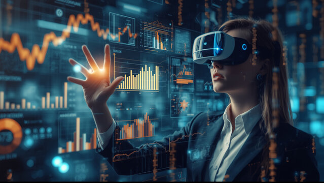 A businesswoman in a VR headset analyzes financial data on a futuristic holographic interface.