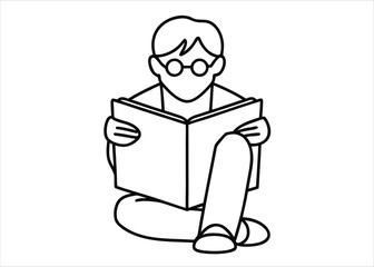 Artistic single stroke illustration of a gentleman engrossed in reading a book presented as a banner or advertisement graphic