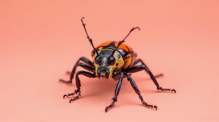 Fototapeta premium Close-up of a Colorful Wasp on a Soft Pink Background