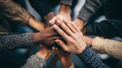 Diverse group of people joining hands in a circle for unity and teamwork