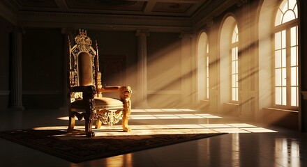 A majestic, golden throne with a green cushioned seat, flanked by carved lions,