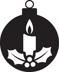 Vector Christmas Ornament Icon:  Candle, Holly, and Berry Sign Symbol, Black and White Minimalist Style.