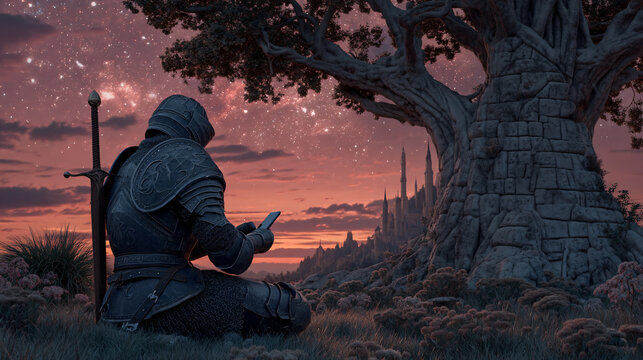 Knight Journeying Ancient Mystical Landscape Magic Horizon Stars Epic Meditative Scenery Armor Sword Castles Twilight Silhouette Wanderer Eerie Legendary Heroic Adventure Night Fantasy Garden