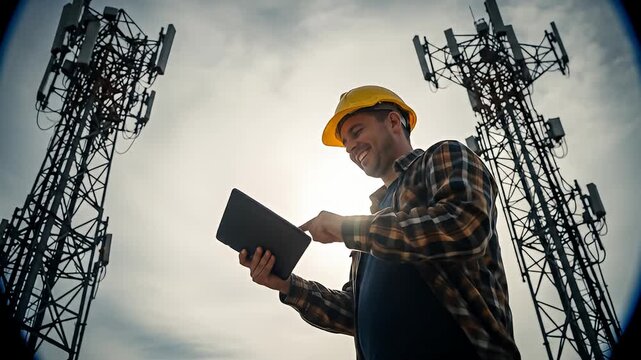 Construction worker with tablet at telecom towers, smiling, with sunshine and sky