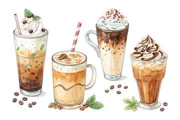 set of watercolor iced coffee latte vector illustration isolated on white background