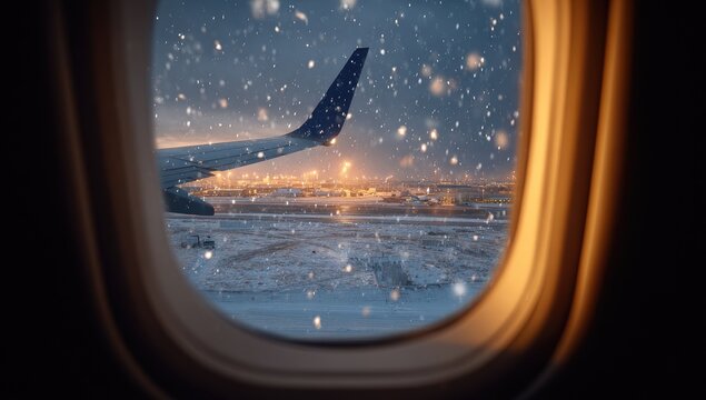 Fototapeta Airplane window view of snowy tarmac