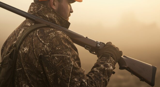 Hunter man in camouflage clothing with rifle on shoulder during misty morning. Hunting in fall season concept background.