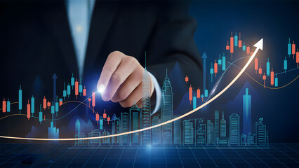Person pointing at stock market chart with upward arrow and city skyline illustration in background