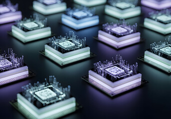 An array of glowing futuristic computer processors with intricate circuitry on a dark, reflective surface.
