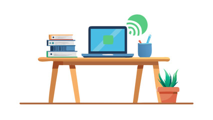 Home office setup with laptop books and plant for remote work and study vector illustration