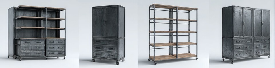 Gray metal storage units with wooden shelves