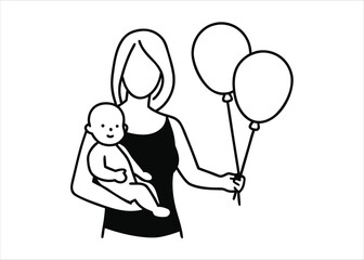 Cherishing moment of a mother holding her beloved infant amidst floating colorful air balloons