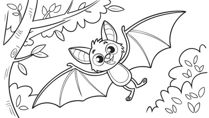 Vector Cartoon funny Bat, funny image in the forest, Coloring book page for children. Line Art isolated on white background