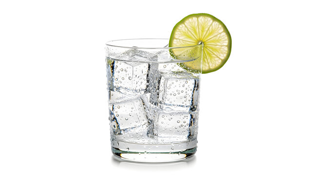 A clear glass of sparkling water with ice cubes and a fresh lime slice garnish on a white background.