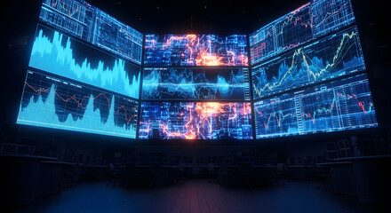 A futuristic command center with a large video wall displaying financial data charts and glowing neural network activity.