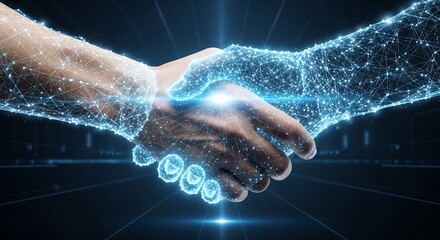Close-up of two hands shaking, one human, one digital and glowing with a network of nodes, concept for collaboration, technological advancement and modern partnership agreement for CTO