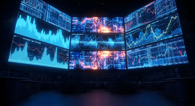 A futuristic command center with a large video wall displaying financial data charts and glowing neural network activity.