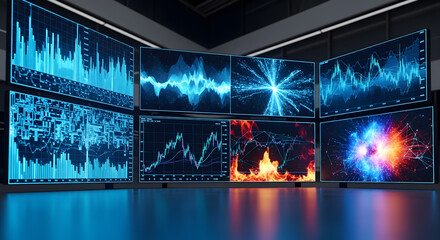 A modern control room with multiple monitors displaying complex glowing blue data graphs and charts.