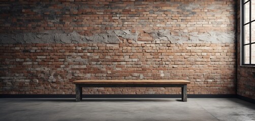 Simple wooden bench sits against a weathered brick wall in an empty industrial interior space.