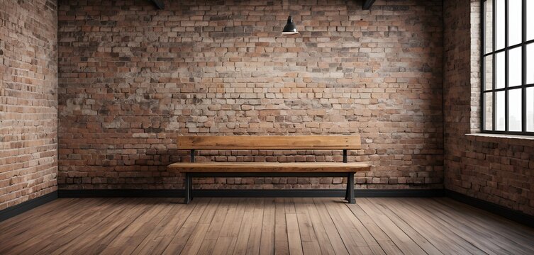 A wooden bench sits against a textured brick wall in an empty room with light from a window - Powered by Adobe
