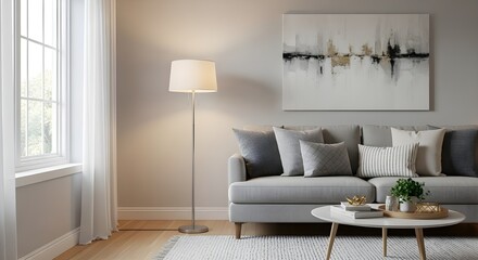  A cozy and modern living room featuring a light gray couch with assorted pillows, a lit floor lamp, a contemporary abstract painting, 