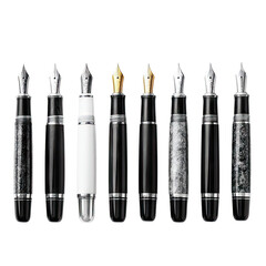 Assorted Fountain Pens in Various Designs Featuring Silver and Gold Nibs on a White Background