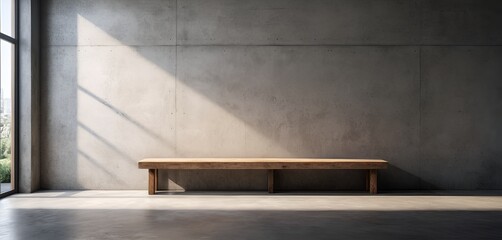 A rustic wooden bench sits bathed in sunlight against a concrete wall, casting long shadows.