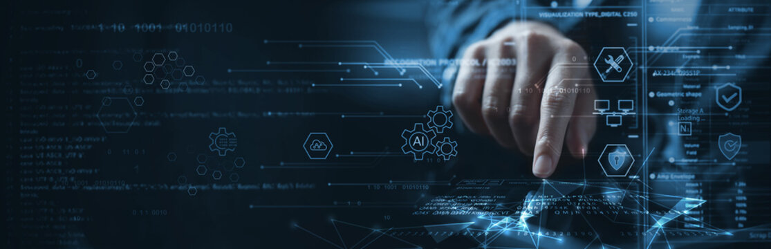 Big data management with AI technology. IT support and smart solution for customer service. Data science and engineering on internet network connection using AI data analytics, digital tech background - Powered by Adobe