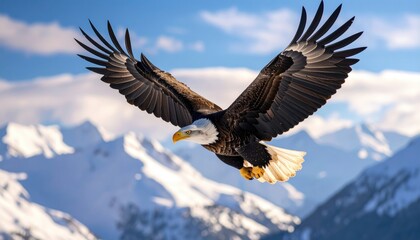 Naklejka premium Majestic Bald Eagle Soaring Over Snow-Capped Mountains in Bright Sky