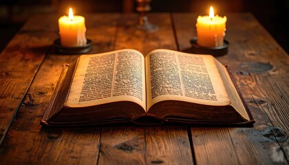 Open Book on Wooden Table with Candles Flickering in Darkness