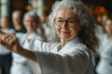 Seniors practicing tai chi in serene environment together